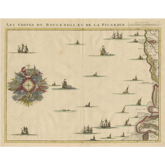 Antique Map of the French Coast at Boulogne and Picardy, 1712 For Sale