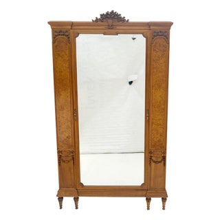 Mint Fine French Carved Burl Satin Wood Beveled Mirror Door Armoire Wardrobe For Sale