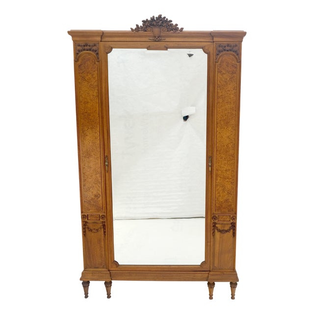 Mint Fine French Carved Burl Satin Wood Beveled Mirror Door Armoire Wardrobe For Sale