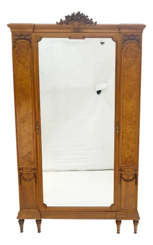 Mint Fine French Carved Burl Satin Wood Beveled Mirror Door Armoire Wardrobe