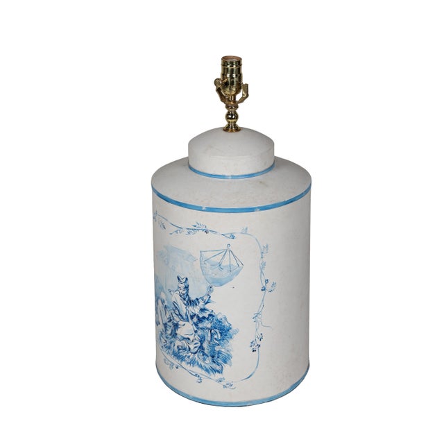 1990s A Pair Vintage English Export Tea Caddy Hand-Painted Chinoiserie Figurines Table Lamp For Sale - Image 5 of 10