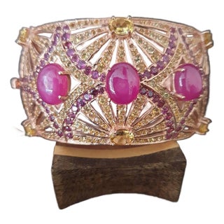 Bochic "Capri" Vintage Ruby, Topaz, Amethyst & Multi Gem Cuff Set 18K & Silver For Sale
