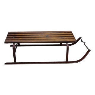 Mid Century Slatted Oak & Iron Snow Sled Sleigh Pull Tow Toboggan Sledge 34" For Sale
