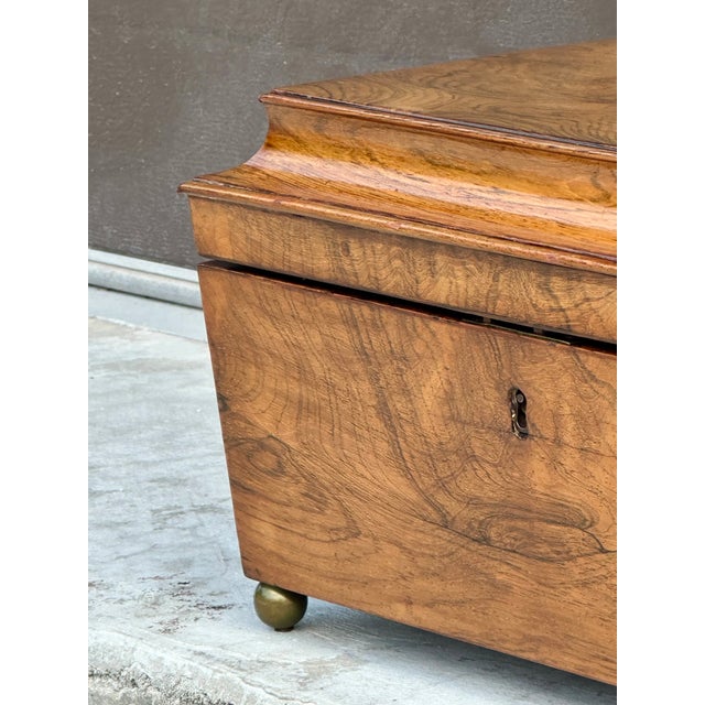 This sarcophagus shaped tea caddy is a good example of fine craftsmanship. The box is made of beautiful figured rosewood...