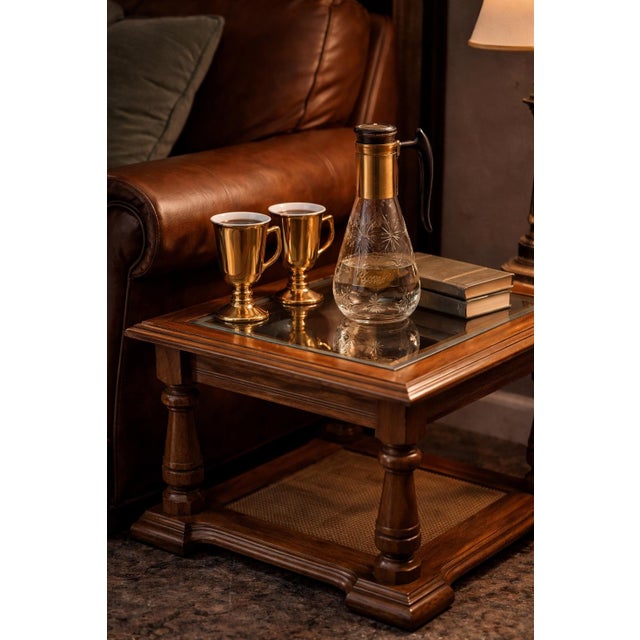 Traditional Vintage Burnt Teak Glass Top Accent Table With Cane Shelf – Square Traditional Side Table For Sale - Image 3 of 7