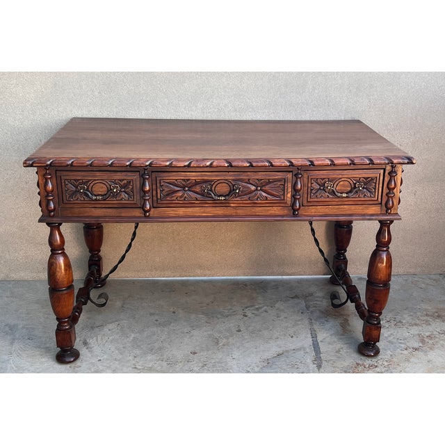 French 20th Two Sides French Louis XV Style Carved Walnut Desk With Three Drawers For Sale - Image 3 of 10