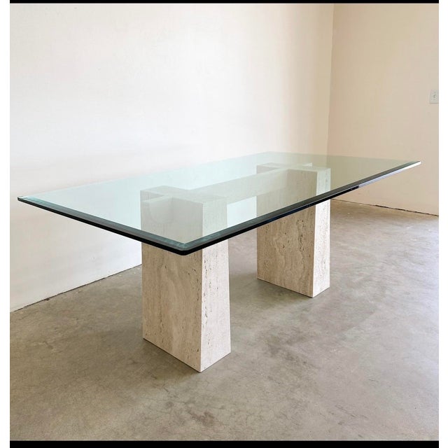 Glass 1970’s Travertine and Glass Dining Table For Sale - Image 7 of 8