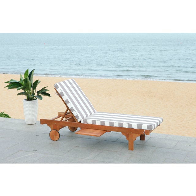 Newport Chaise Lounge Chair with Side Table, Natural/Grey Stripe Cushion For Sale - Image 10 of 11