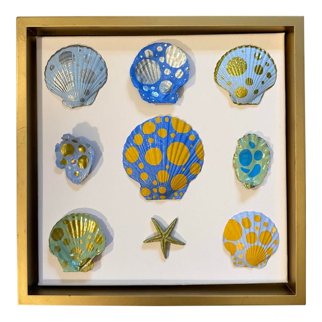 Hand-Painted Blue & Gold Seashell and Starfish Art in Gold Floating Frame – 12” X 12” For Sale