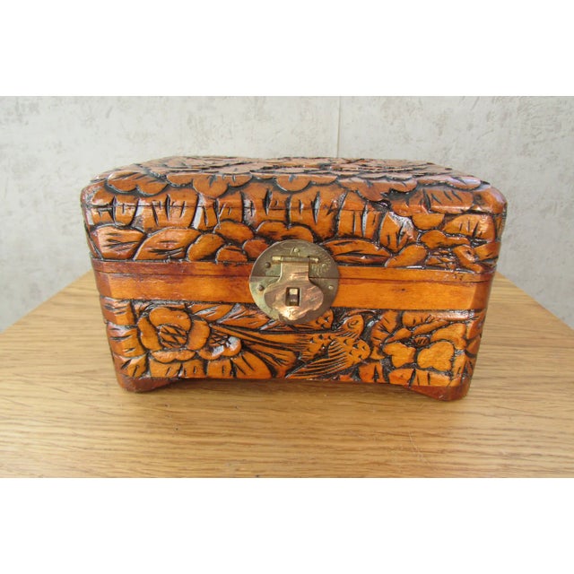 Brown Carved Wooden Box Birds & Flowers, Asia, 1940s For Sale - Image 8 of 8