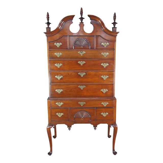 Antique 18th C. American Queen Anne Cherry Bonnet Top Highboy Chest Dresser For Sale