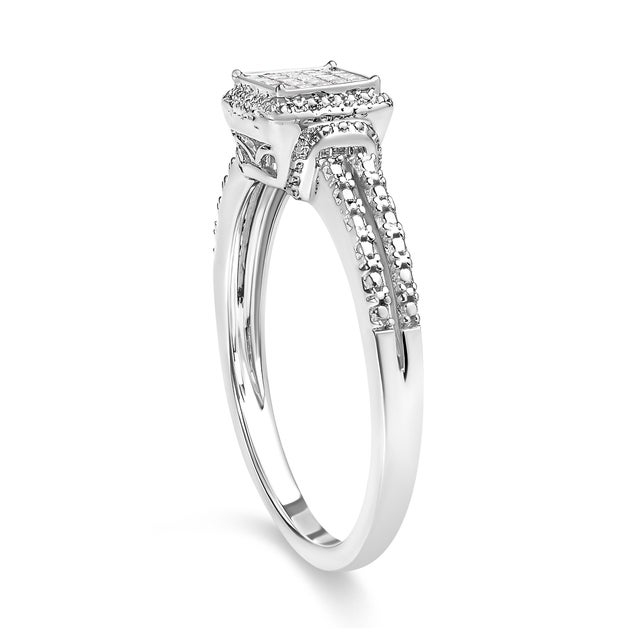 Haus of Brilliance .925 Sterling Silver 1/4 Cttw Princess-cut Diamond Composite Ring with Beaded Halo (H-I Color, SI1-SI2 Clarity) - Size 7 For Sale - Image 4 of 6