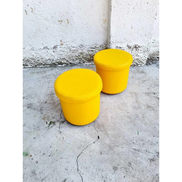 Set of Mid-Century Yellow Leather Poufs, Italy, 1980s For Sale - Image 9 of 12