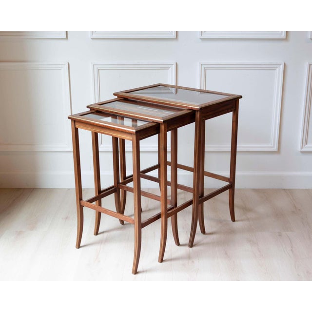 Set of Three Mahogany Nesting Tables with Glass Tops, France, Mid-20th Century For Sale - Image 17 of 17