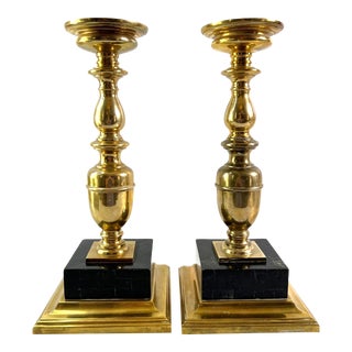 Vintage Maitland-Smith Brass Pillar Candle Holders Marble Bases- Set of 2 For Sale
