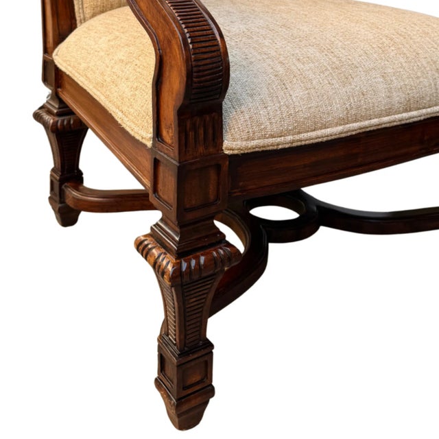 Vintage Hand-Carved Mahogany Upholstered Arm Chairs With Rolled Arms - A Pair For Sale - Image 11 of 16