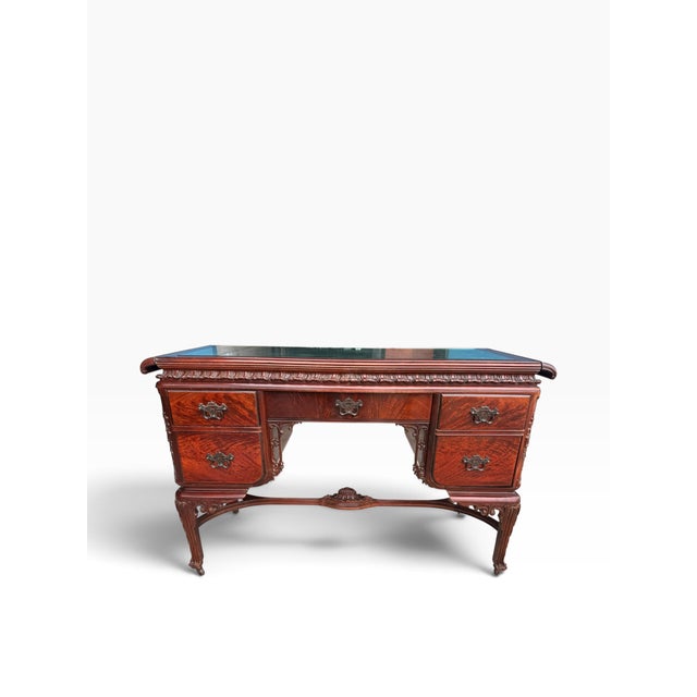 French Antique Louis XV Revival Carved Mahogany Desk With Mirrored Top For Sale - Image 3 of 17