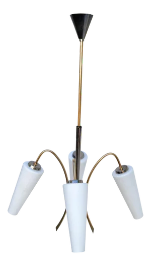 Maison Lunel Chandelier 2 Tone Brass & Opaline Shade France Mid-Century Modern