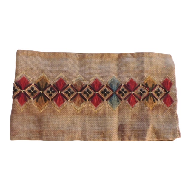 Antique Red and Camel Linen Embroidered Textile For Sale