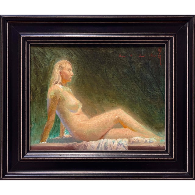 This oil on canvas panel depicts a reclining nude figure, softly illuminated against a rich green background that enhances...