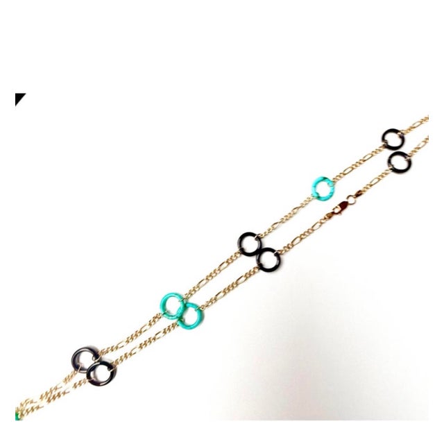 Gold 14k Yellow Gold Italian Onyx & Turquoise Circle Necklace 21" Length For Sale - Image 8 of 14