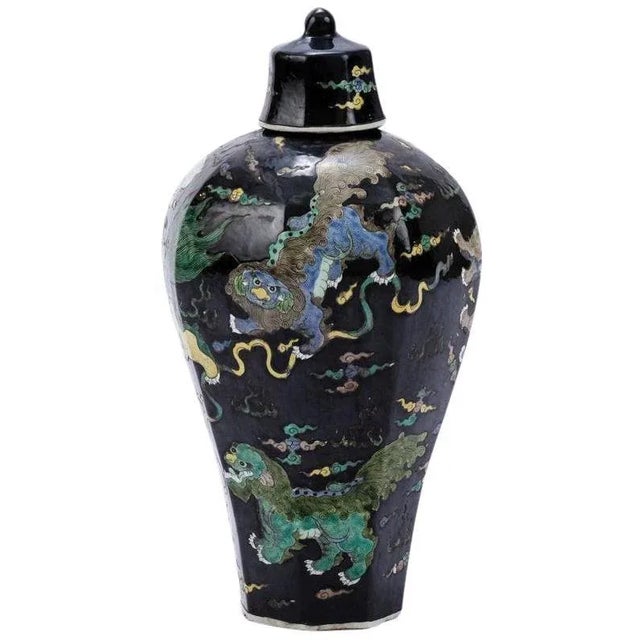 Traditional Prunus Lion Lidded Hex Hexagonal Black Jar For Sale - Image 3 of 3