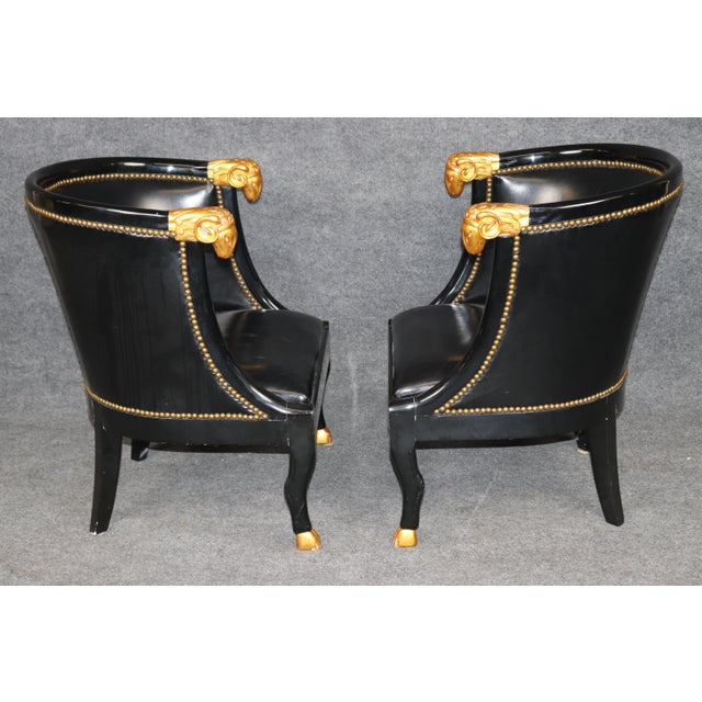 1940s 20th C Pair French Directoire Style Ebonized and Gilt Ramshead Club Chairs For Sale - Image 5 of 13