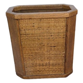 Vintage Oak and Woven Sisal Octagonal Wastebasket/Trashcan For Sale