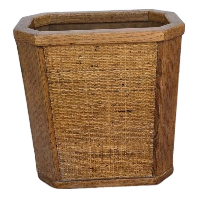 Vintage Oak and Woven Sisal Octagonal Wastebasket/Trashcan For Sale