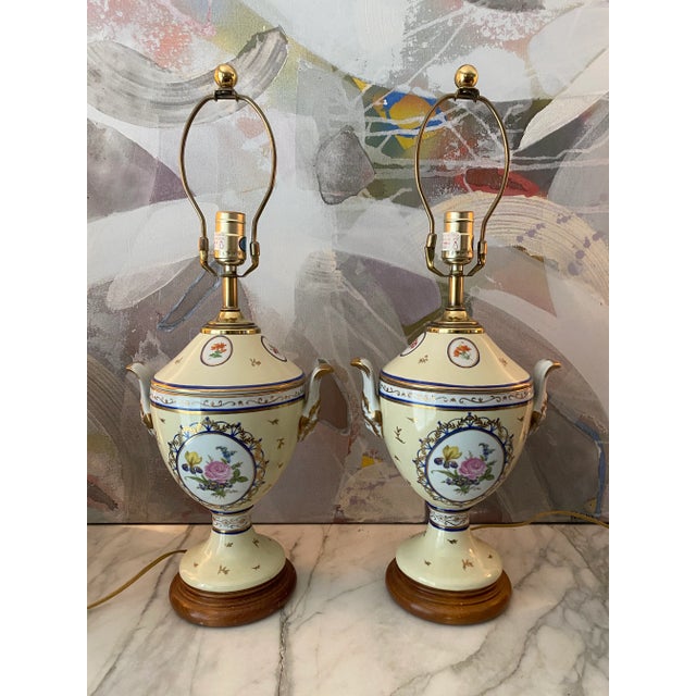 Yellow Vintage Late 20th Century Chelsea Style Hand Painted Floral Medallion Urn Style Lamps - a Pair For Sale - Image 8 of 9
