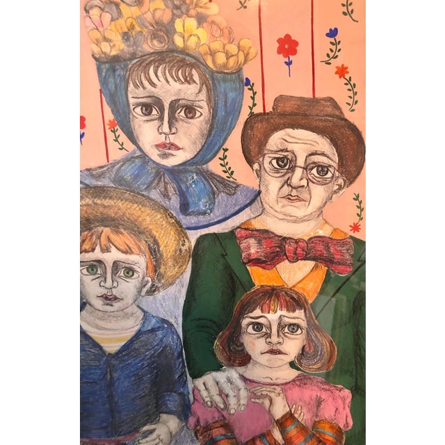 Paper Maria Teresa Vieco, Latin American Folk Art Family Portrait Colombian Naive Painting, Color Drawing, 1975 For Sale - Image 7 of 10