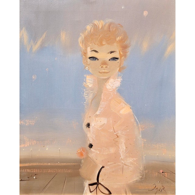 Igor Pantuhoff -Portrait Red Haired Girl W/Big Eyes & a Pink Jacket-1960s Oil Painting For Sale In Los Angeles - Image 6 of 10