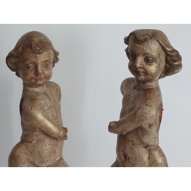 Figurative Antique Italian Carved Wood Gilt Putti Angels Sculptures, S/2 For Sale - Image 3 of 11