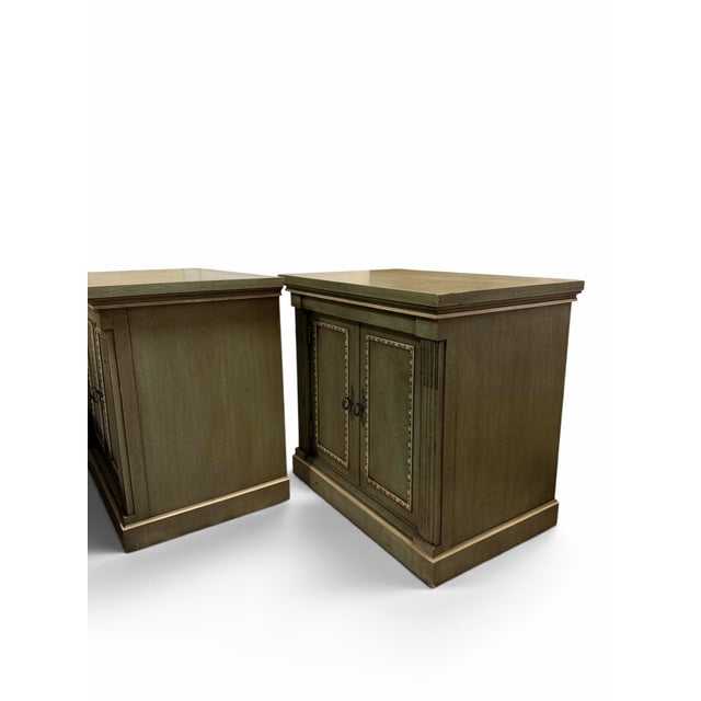 Neoclassical Pair of Vintage Neoclassical Sage Green Nightstands Commodes by White Fine Furniture Co. For Sale - Image 3 of 10