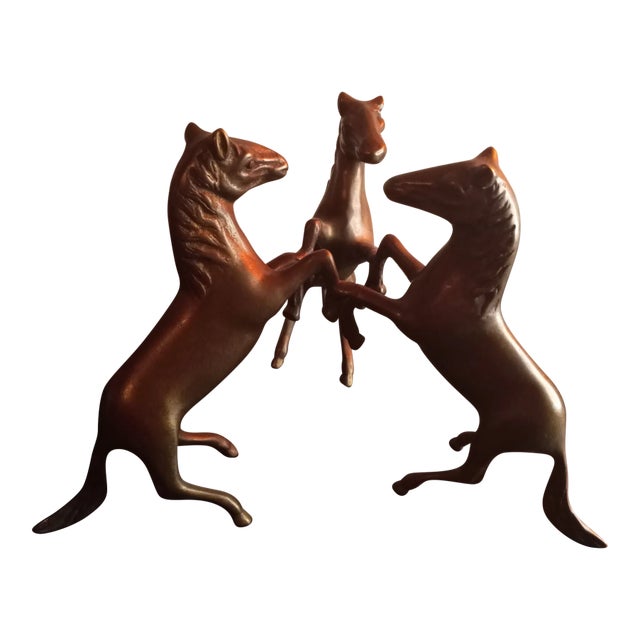 1970s Vintage Solid Bronze Triple Rearing Stallion Sculpture For Sale