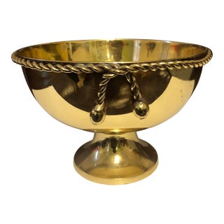 Vintage Hollywood Regency Polished Brass Pedestal Bowl With Rope & Tassel Detail For Sale