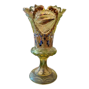 Antique Bohemian Glass Moser Green Carved Etched Vase