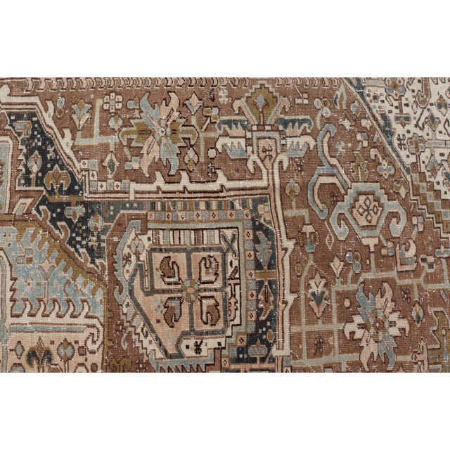 Persian Antique Heriz Rug With Geometric Design in Blue's, Tan, Cream, and Brown 11'5 X 14'7 For Sale - Image 15 of 17