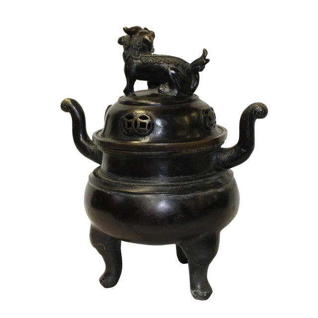 Chinoiserie Chinese Oriental Dark Brown Bronze Metal Incense Burner Display For Sale - Image 3 of 7