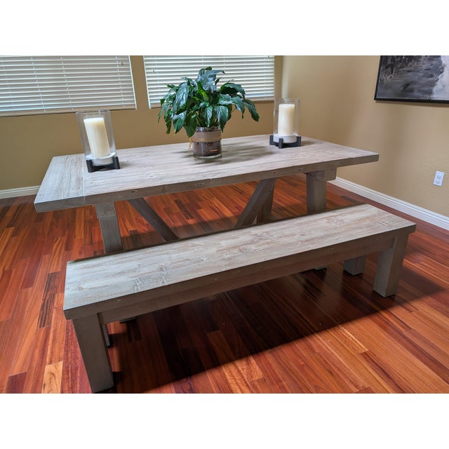 Rustic Restoration Hardware Grey Salvaged Wood Dining Table and Bench For Sale - Image 3 of 4