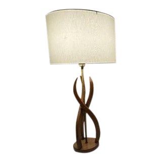 1960s Sculptural Hardwod & Brass Flower-Form Table Lamp For Sale