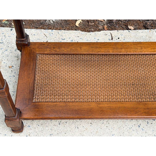 1970s Walnut Two Tier Glass Top Console Table With Faux Caning Shelf For Sale - Image 10 of 12