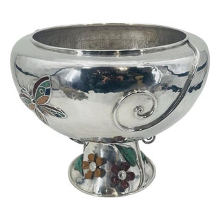 1980s Silver Plate Punch Bowl With Stone Inlay by Emilia Castillo, Mexican Silver For Sale