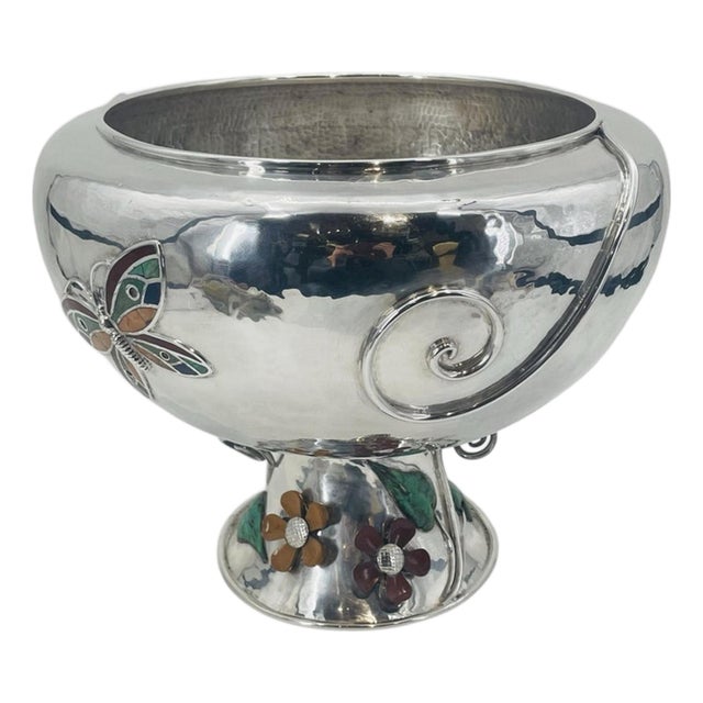 1980s Silver Plate Punch Bowl With Stone Inlay by Emilia Castillo, Mexican Silver For Sale
