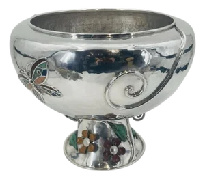 1980s Silver Plate Punch Bowl With Stone Inlay by Emilia Castillo, Mexican Silver