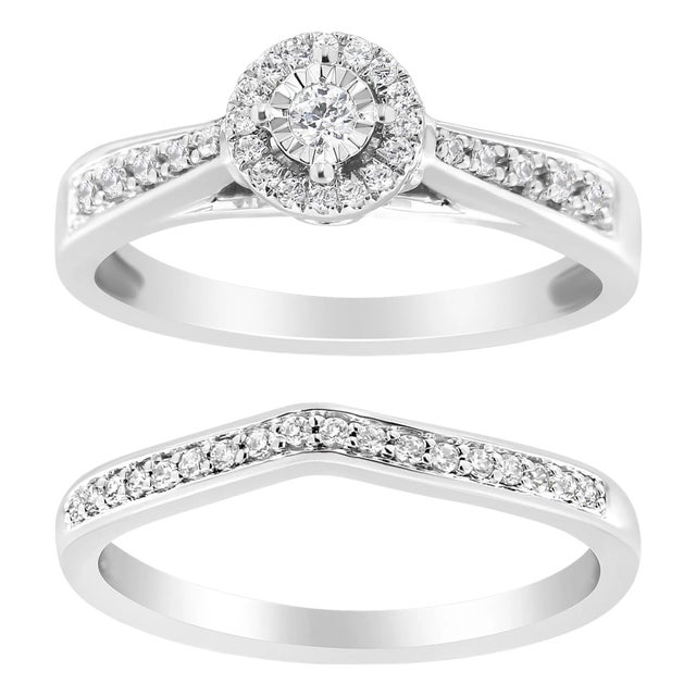 .925 Sterling Silver 1/3 Cttw Diamond Halo and Pave Shank Engagement Ring Set (I-J Color, I3 Clarity) - Ring Size 9 For Sale