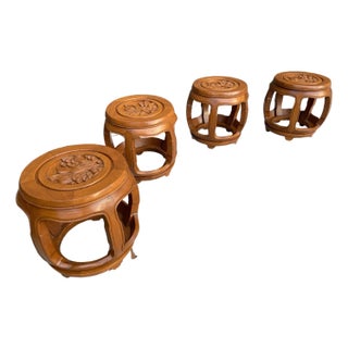 Vintage Hand-Carved Asian Drum Stools – Set of 4 For Sale