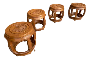 Vintage Hand-Carved Asian Drum Stools – Set of 4