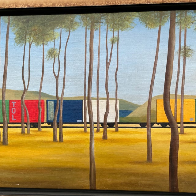 Contemporary Train and Landscape Painting In the Style of Jeffrey Smart, Framed For Sale In Miami - Image 6 of 10