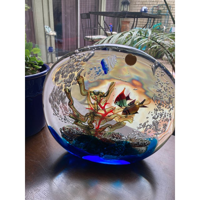 Exquisite vintage Murano glass aquarium 8" tall, 9" wide, 9.5 pounds. Colorful detailed gold flecked fish and seaweed....